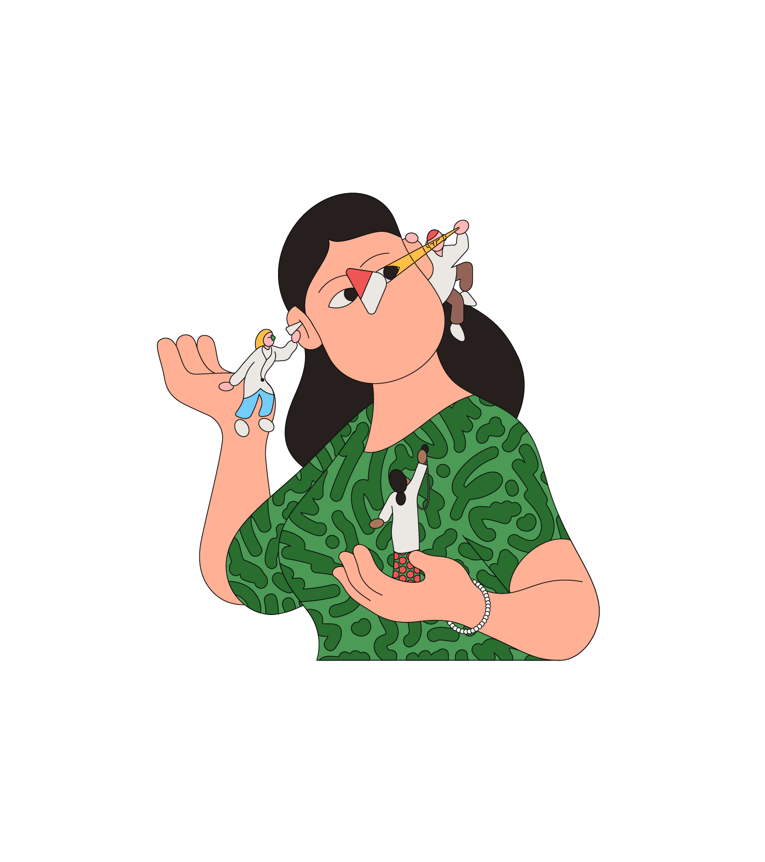 Illustration d'une femme avec de petites personnes autour d'elle, symbolisant le soutien en cas d'hospitalisation ou de blocage à domicile.